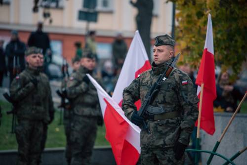 Żołnierz z flagami Polski na tle innych żołnierzy